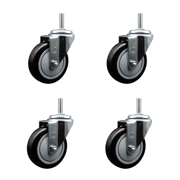 4 Inch Black Polyurethane Wheel Swivel 58 Inch Threaded Stem Caster Set Service Caster